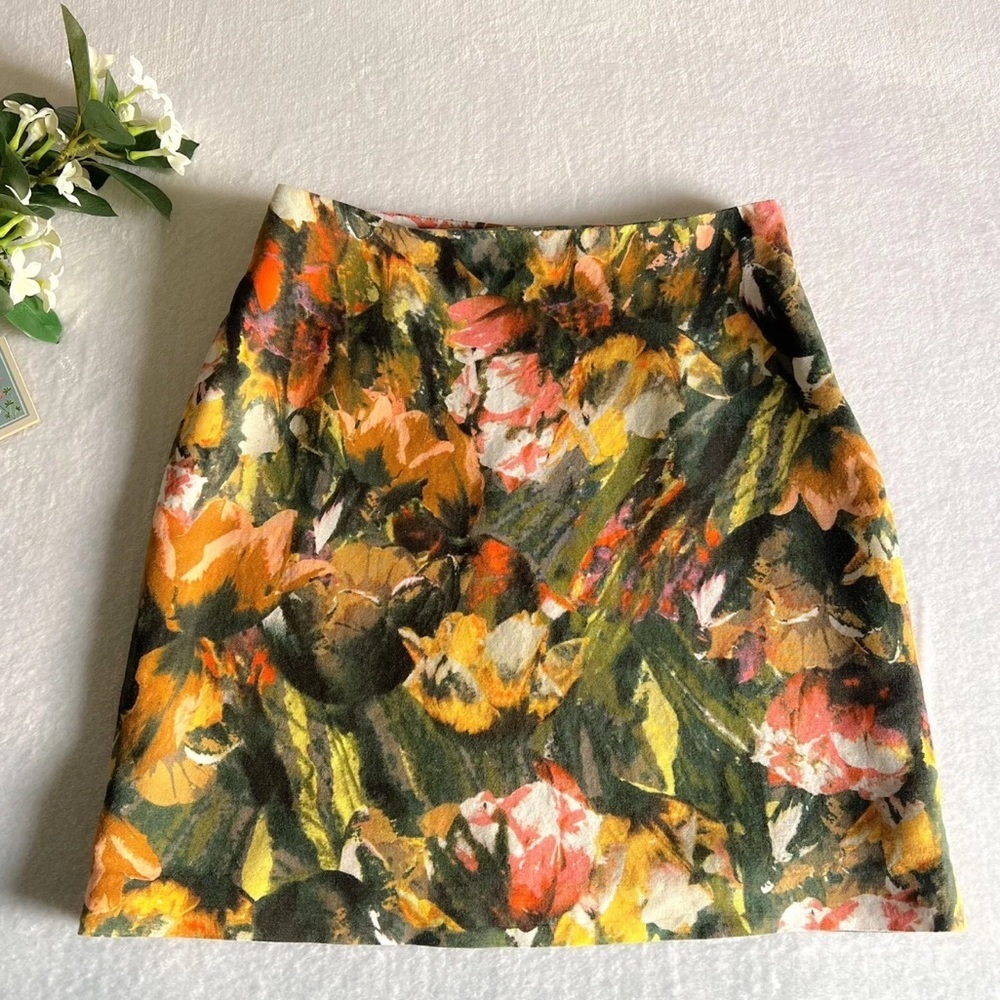 Women’s Sz 4 Floral Print Linen Skirt Mid Length Lined Zip